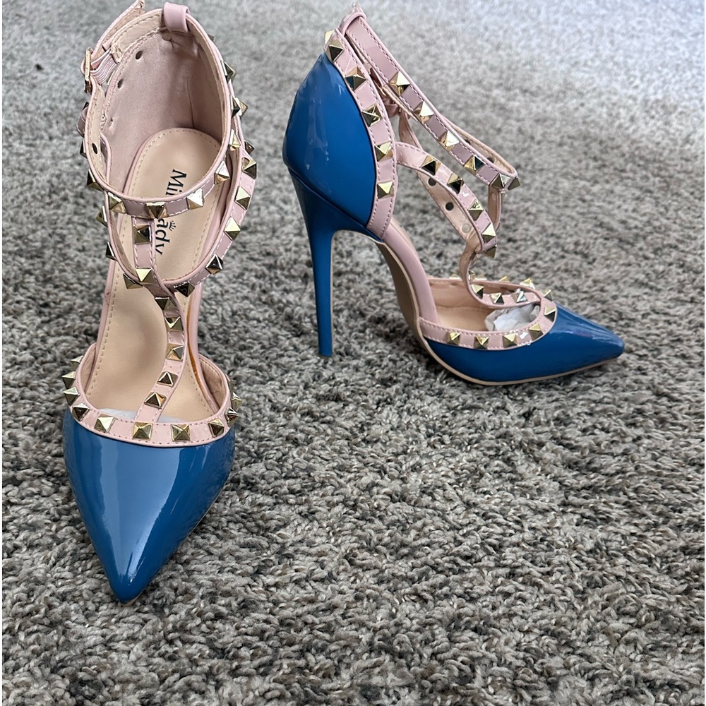 Brand New Blue & Tan Studded Stilletos